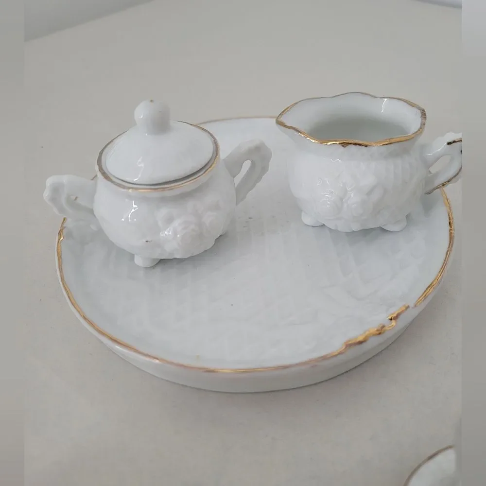 Micro Porcelain Tea Set Display White Gold Trim Tea Party Dollhouse Mini Size